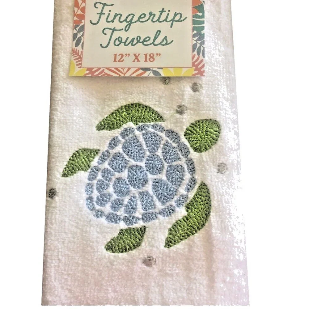 Sea Turtle Striped Fingertip Towels Embroidered Beach House Bathroom Set of 2